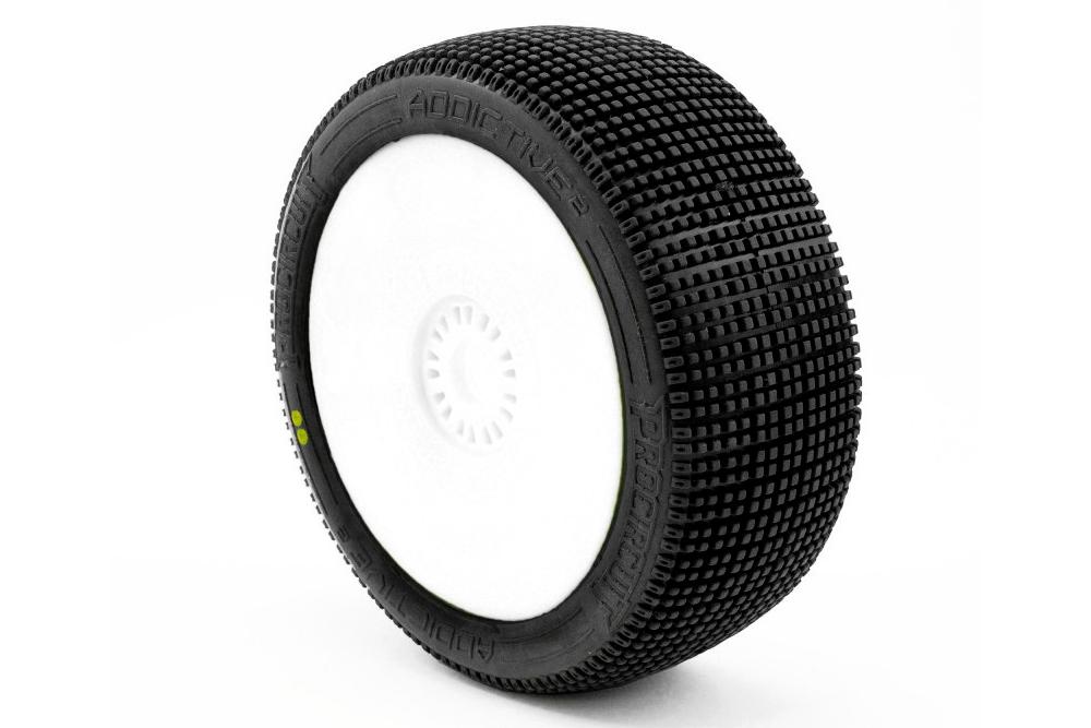 ADDICTIVE V2 BUGGY S2 (SOFT) nalepené pneumatiky, bílé disky, 2 ks.